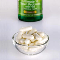 Thumbnail for Una botella de Swanson's Dr. Stephen Langer 16 Strain Probiotic with FOS - 60 veg capsules sitting next to a bowl.