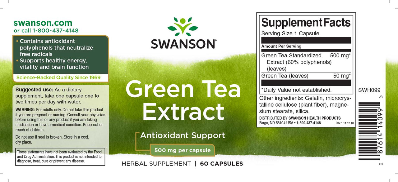 Swanson Extracto de té verde - 500 mg 60 cápsulas.