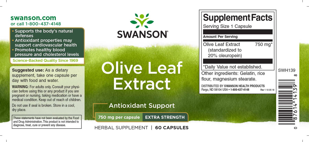 Swanson El Extracto de Hoja de Olivo - 750 mg 60 cápsulas ofrece propiedades antioxidantes cruciales para apoyar la salud cardiovascular y reforzar las defensas inmunitarias.