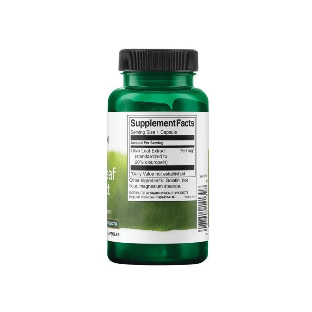 Un frasco de Extracto de Hoja de Olivo - 750 mg 60 cápsulas con propiedades antioxidantes, marca Swanson.