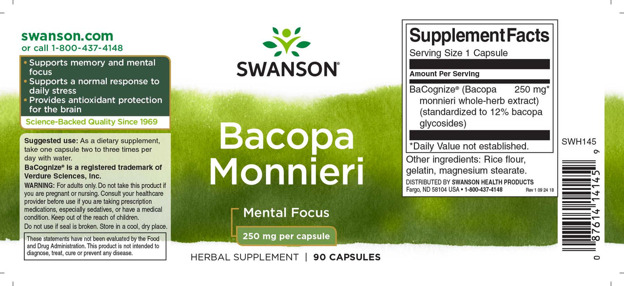 Swanson Bacopa Monnieri - 250 mg 90 cápsulas suplemento dietético.