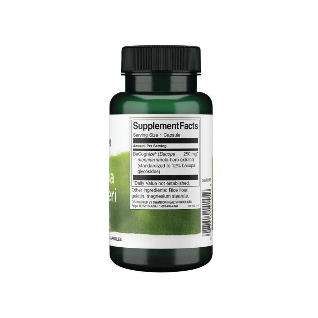 Un frasco de 250 mg de cápsulas de Bacopa Monnieri, un complemento alimenticio con extracto de té verde.