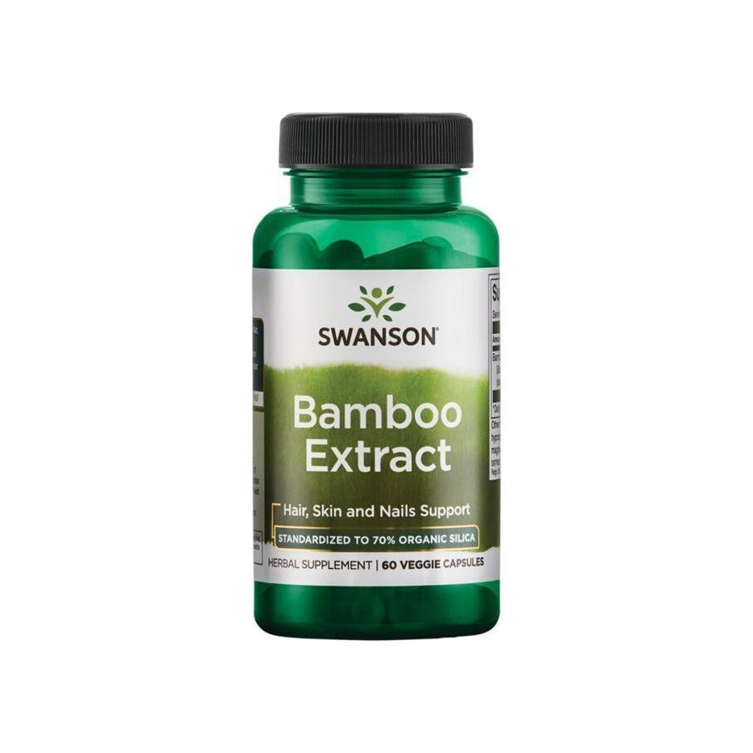 Suplemento alimenticio que contiene Swanson Extracto de Bambú en forma de cápsulas vegetales de 300 mg.
