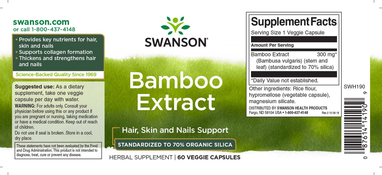 Etiqueta de suplemento dietético para Swanson Bamboo Extract - 300 mg 60 cápsulas vegetales.