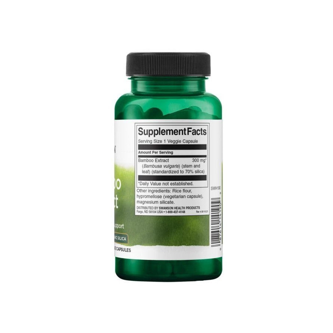 Un frasco de suplemento dietético de Swanson Bamboo Extract - 300 mg 60 cápsulas vegetales sobre un fondo blanco.