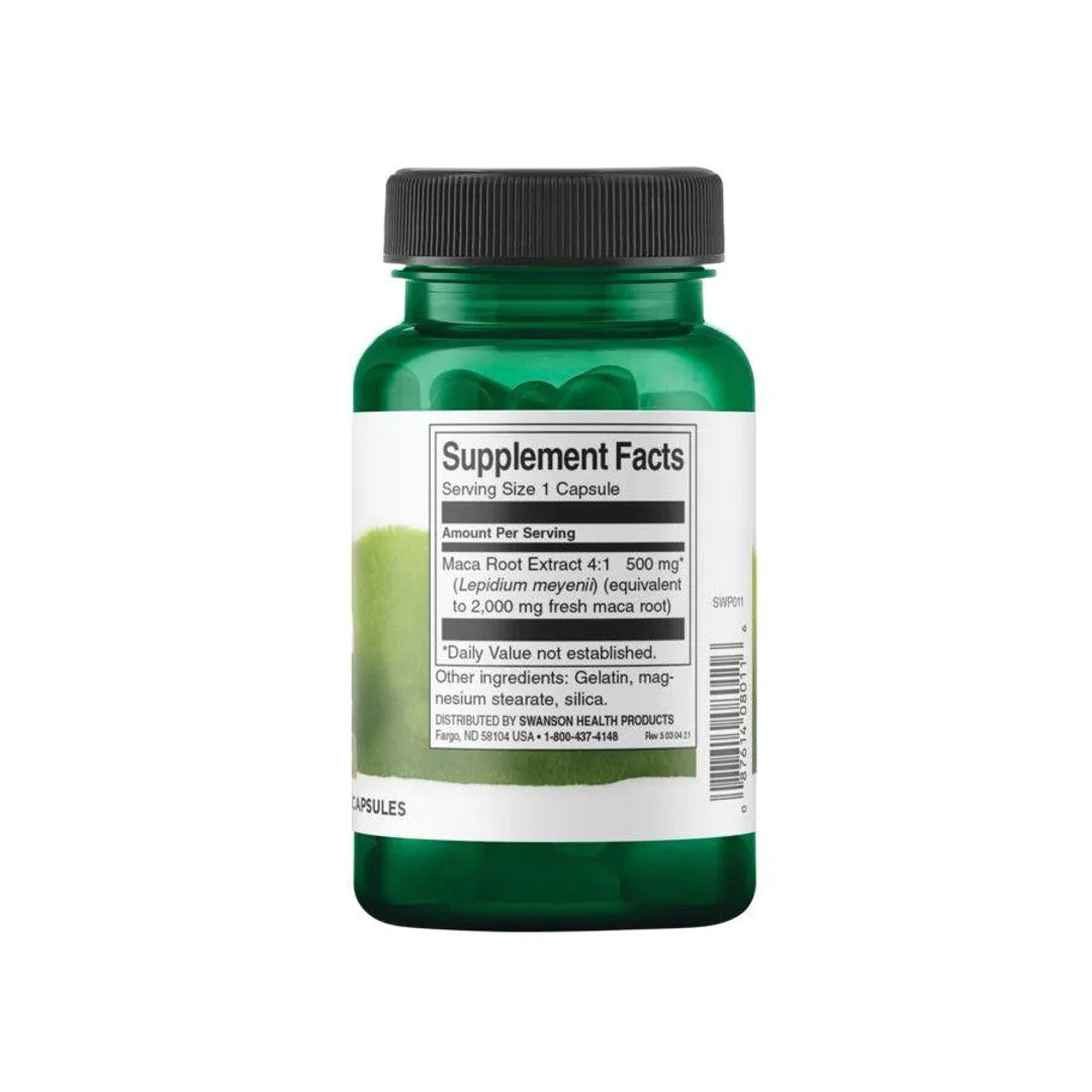 Un frasco de Swanson Maca - 500 mg 60 cápsulas sobre fondo blanco.