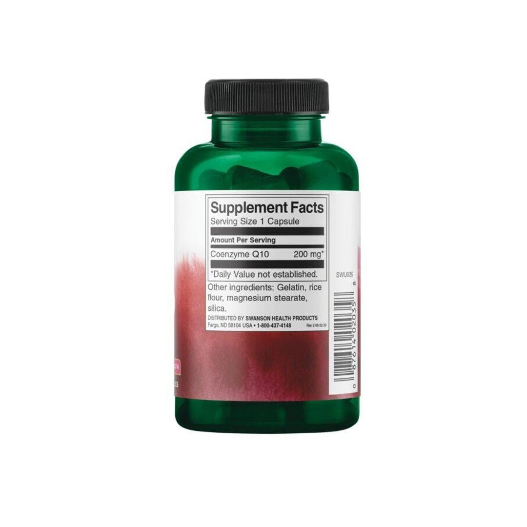 Un frasco de Swanson Coenzima Q1O - 200 mg 90 cápsulas con etiqueta roja.