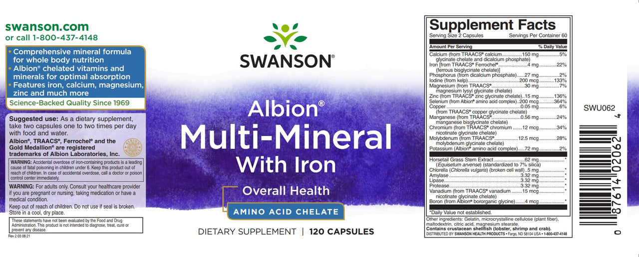Swinson Multiminerales con Hierro - 120 cápsulas Albion Quelado es un suplemento que contiene vitaminas y minerales quelados Albion, incluidos quelatos de aminoácidos.