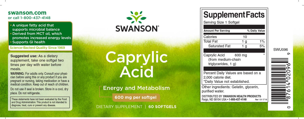 Etiqueta de suplemento dietético para Swanson Ácido Caprílico - 600 mg 60 softgel.
