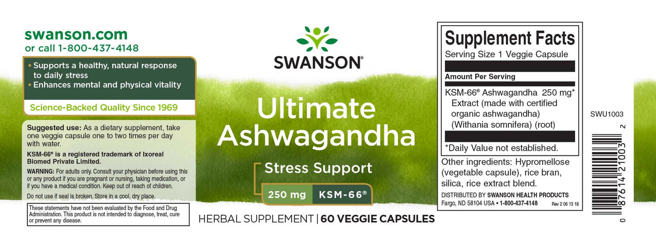 Swanson KSM-66 Ashwagandha - 250 mg 60 cápsulas vegetales.