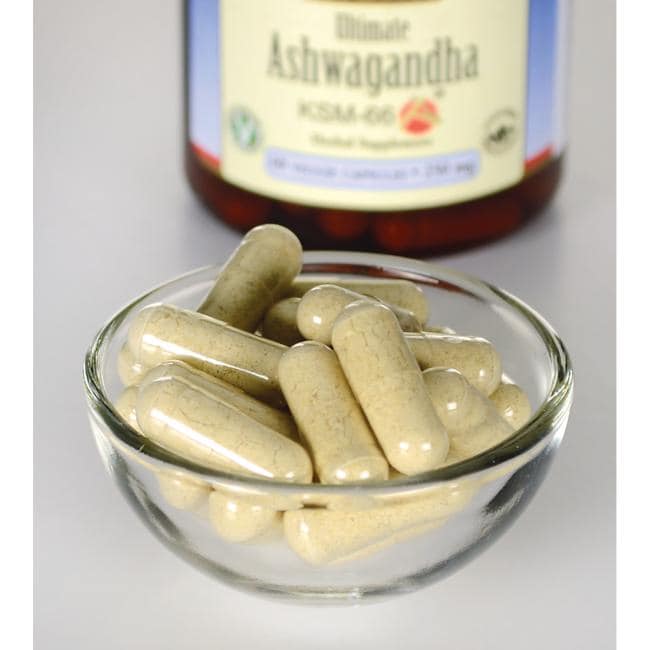 Swanson Ashwagandha - KSM-66 - 250 mg 60 cápsulas vegetales en un recipiente junto a una botella.