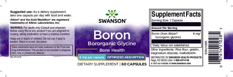 La etiqueta de Albion Boron Bororganic Glycine - 6 mg 60 cápsulas por Swanson.