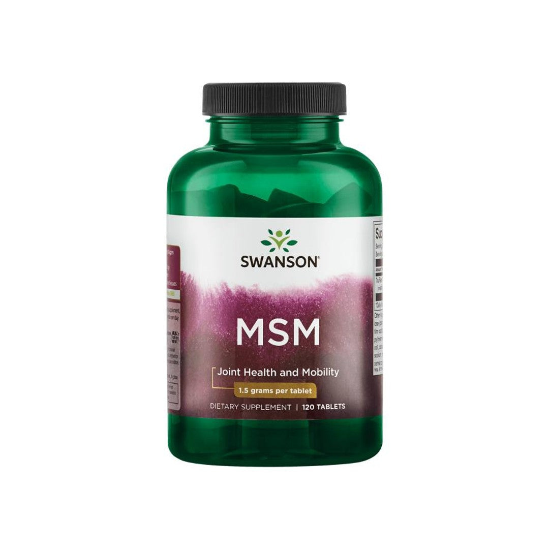 Un fondo blanco que muestra un frasco de Swanson MSM - 1.500 mg 120 comprimidos, conocido por sus beneficios para la salud articular y sus propiedades antiinflamatorias.