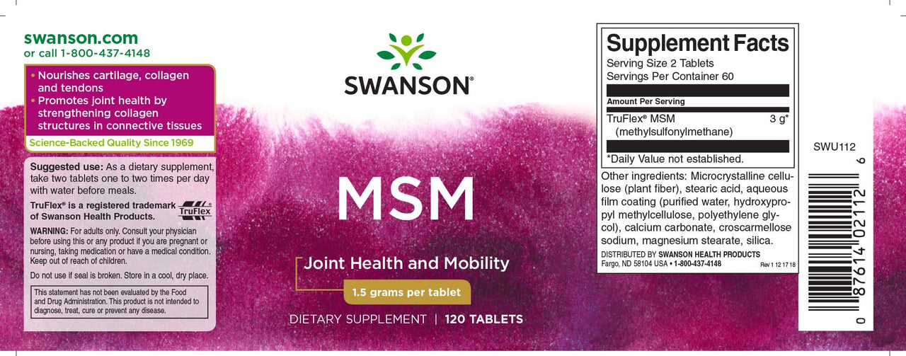 Un frasco de Swanson MSM - 1.500 mg 120 comprimidos con etiqueta morada, conocido por sus beneficios para la salud articular y sus propiedades antiinflamatorias.
