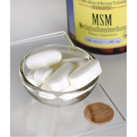 Miniatura de Swanson's MSM - 1.500 mg 120 comprimidos con propiedades antiinflamatorias en un cuenco junto a un penique.