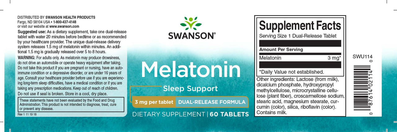 Un frasco de Swanson Melatonina - 3 mg 60 comprimidos de doble liberación para ayudar a conciliar el sueño.