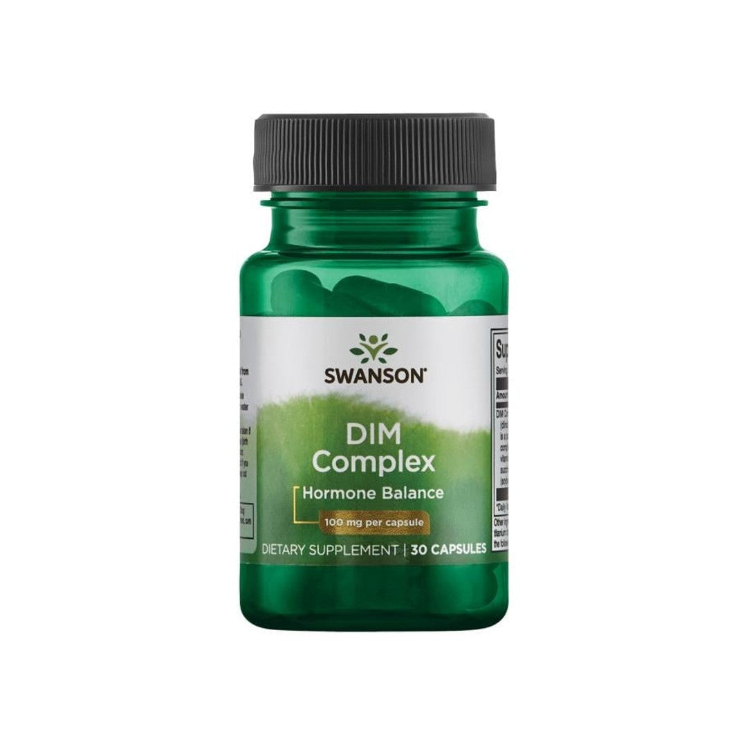Un frasco de Swanson DIM Complex - 100 mg 30 cápsulas.