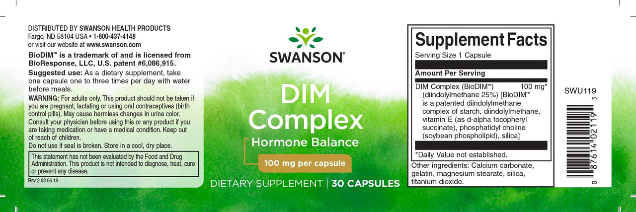 La etiqueta de Swanson's DIM Complex - 100 mg 30 cápsulas.
