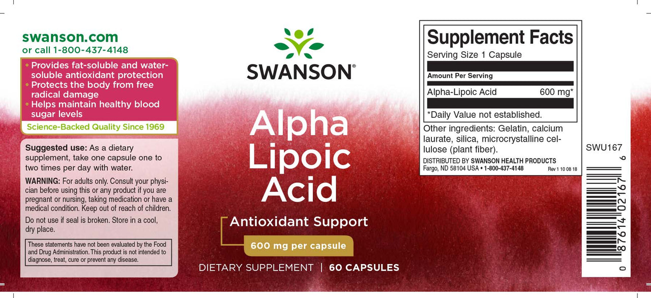 Swanson Ácido Alfa Lipoico - Suplemento de 600 mg 60 cápsulas.