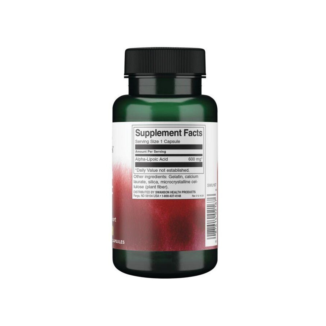 Un frasco de Swanson Ácido Alfa Lipoico - 600 mg 60 cápsulas con etiqueta roja.