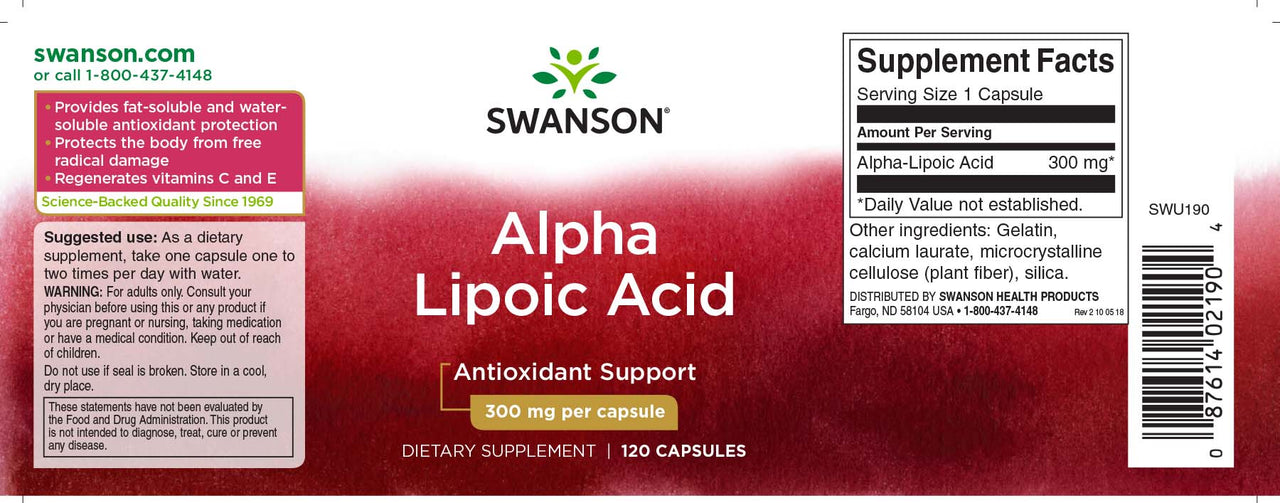 Un frasco de Swanson Ácido Alfa Lipoico - 300 mg 120 cápsulas.