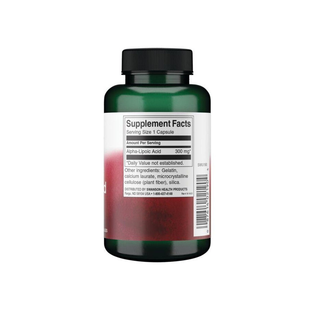 Un frasco de Swanson Ácido Alfa Lipoico - 300 mg 120 cápsulas sobre fondo blanco.