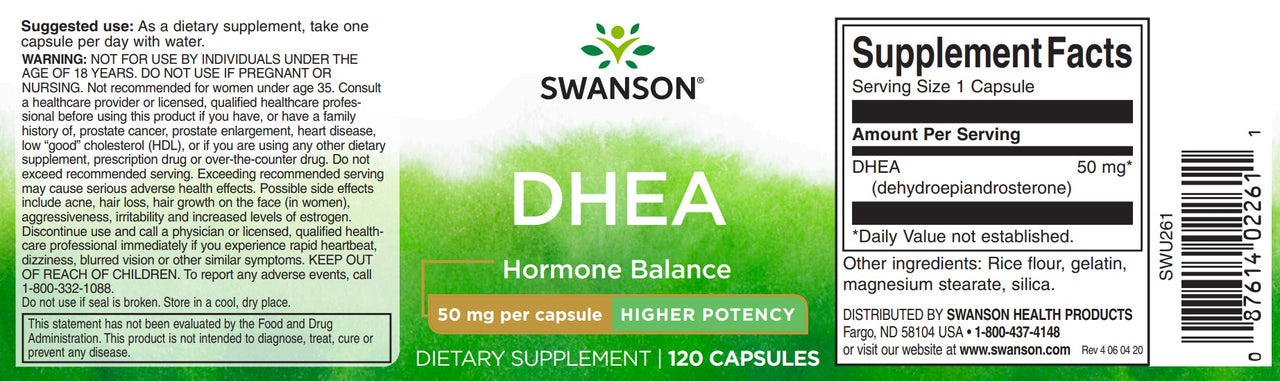Una etiqueta para Swanson DHEA - 50 mg 120 cápsulas suplementos.