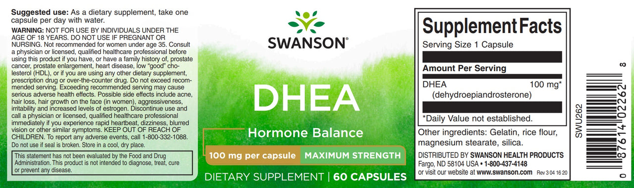 Una etiqueta para Swanson DHEA - 100 mg 60 cápsulas.