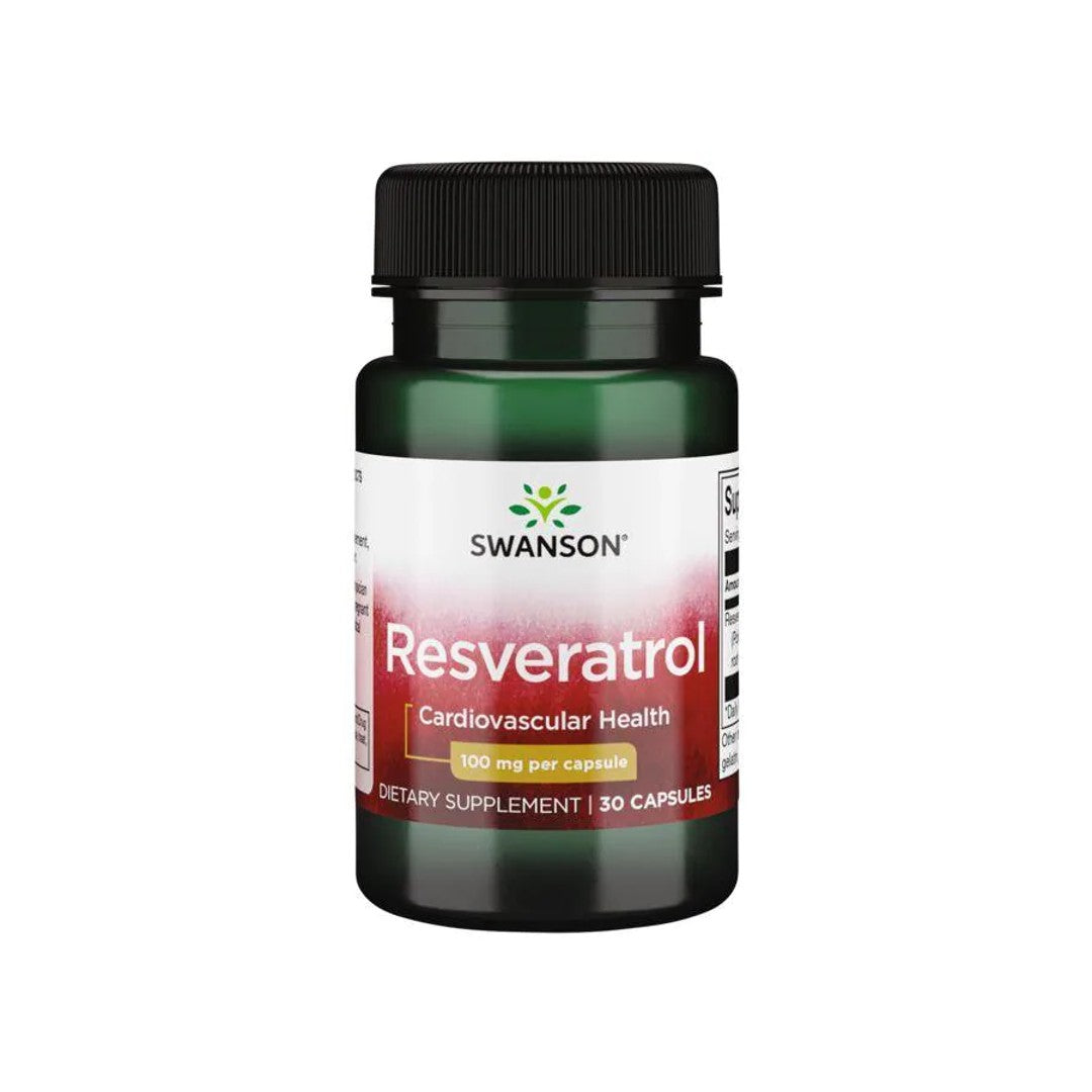 Un frasco de Swanson Resveratrol - 100 mg 30 cápsulas, que proporciona protección antioxidante para la longevidad celular y el bienestar cardiovascular.