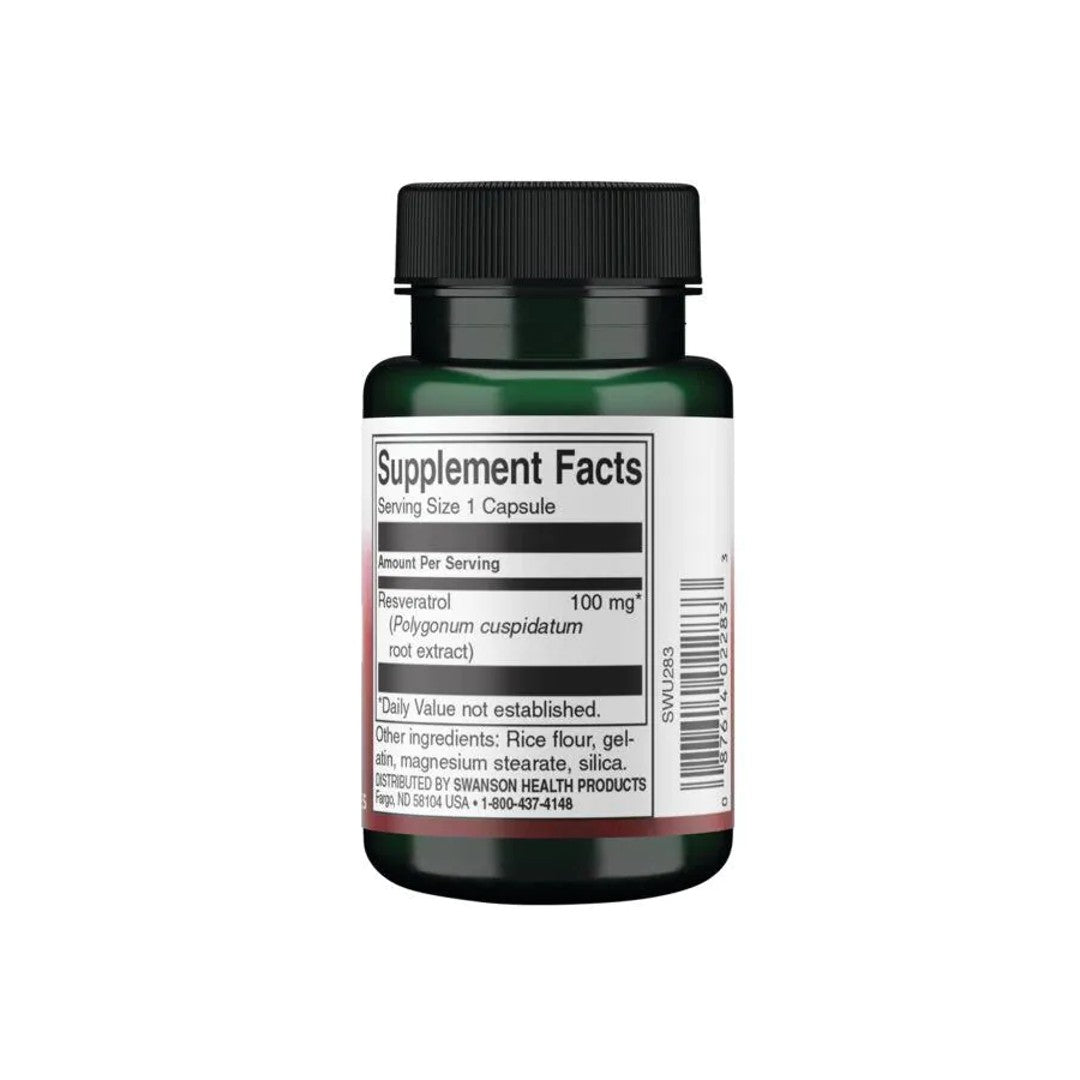 Un frasco de Resveratrol - 100 mg 30 cápsulas de Swanson sobre fondo blanco, que proporciona protección antioxidante para la longevidad celular y el bienestar cardiovascular.