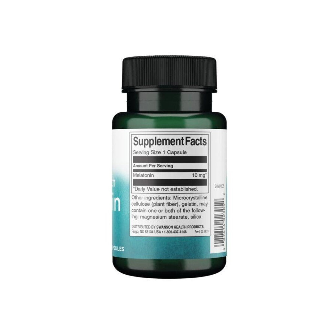 Un frasco de Swanson Melatonina - 10 mg 60 cápsulas sobre fondo blanco.