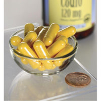 Miniatura de Swanson Coenzima Q10 - 120 mg 100 cápsulas en un recipiente de cristal junto a un frasco.
