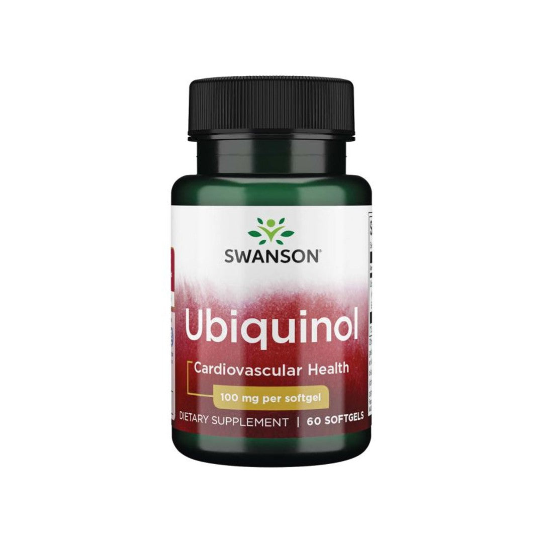 Bottle of Swanson Ubiquinol 100 mg supplement for cardiovascular health, 100 mg per softgel, containing 60 softgels.
