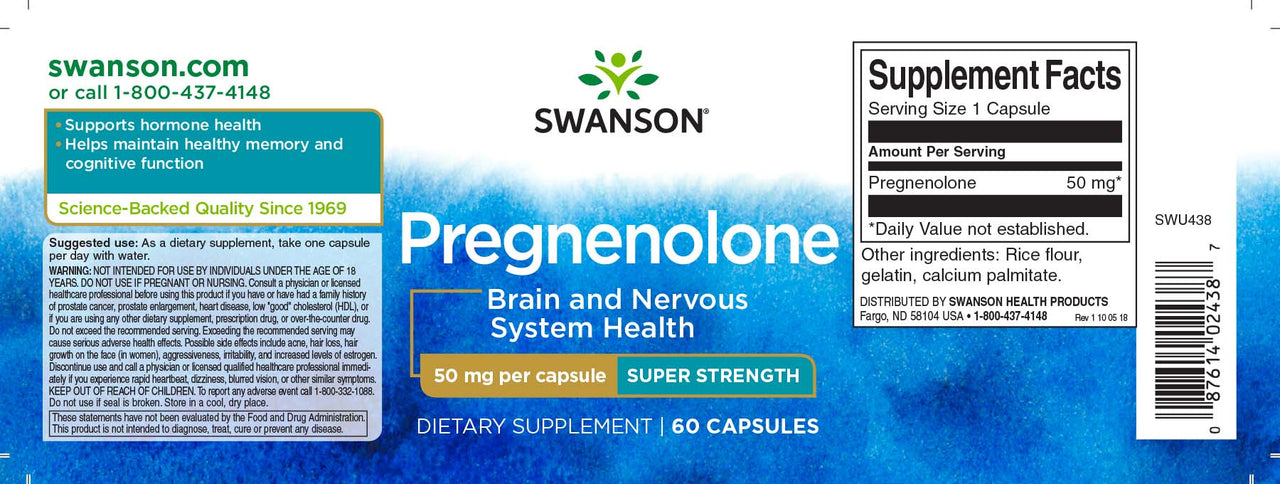 Swanson La pregnenolona - 50 mg 60 cápsulas es una prohormona que favorece la función cerebral.