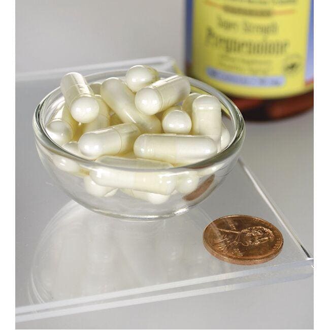 Un cuenco de Swanson pregnenolona - 50 mg 60 cápsulas junto a un céntimo, que favorece la función cerebral con la prohormona pregnenolona.