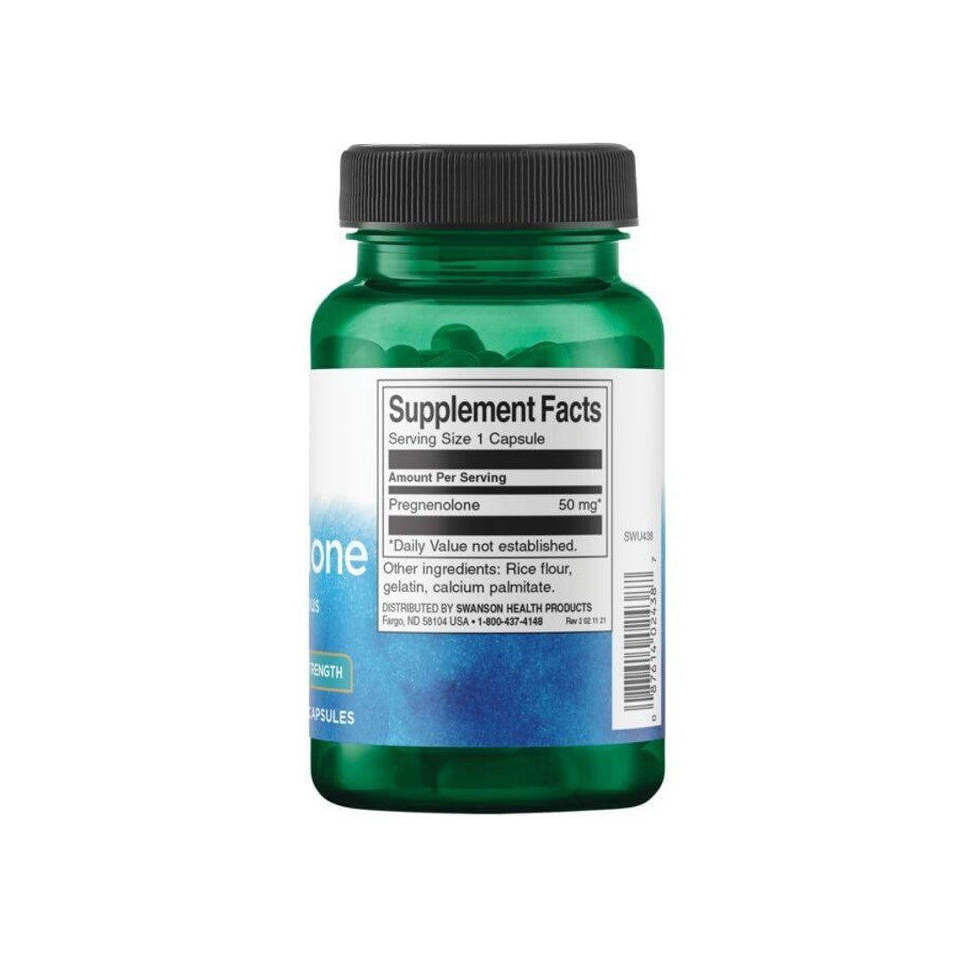 Un frasco de Swanson Pregnenolona - 50 mg 60 cápsulas, una prohormona y precursor hormonal, sobre fondo blanco.