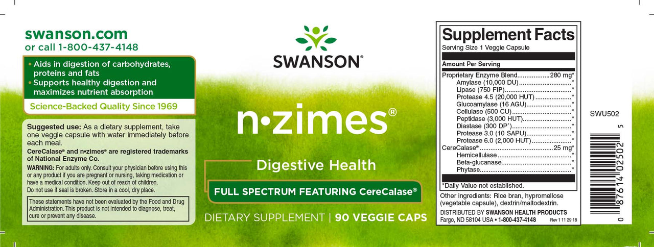 Swanson N-Zimes - Etiqueta de suplemento digestivo de 90 cápsulas vegetales.