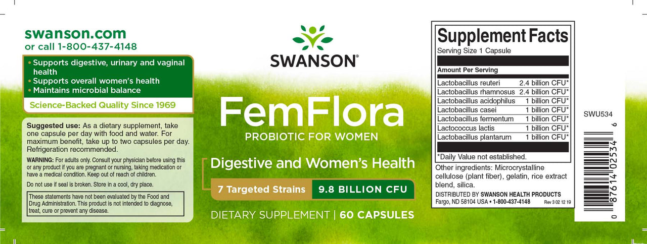 Swanson FemFlora Probiotic for Women - Etiqueta de 60 cápsulas.