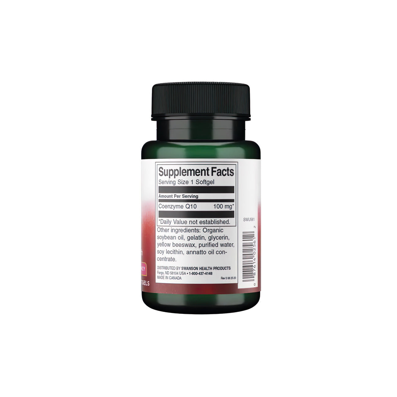 Un frasco de Coenzima Q10 100 mg 100 cápsulas blandas con la etiqueta Swanson .