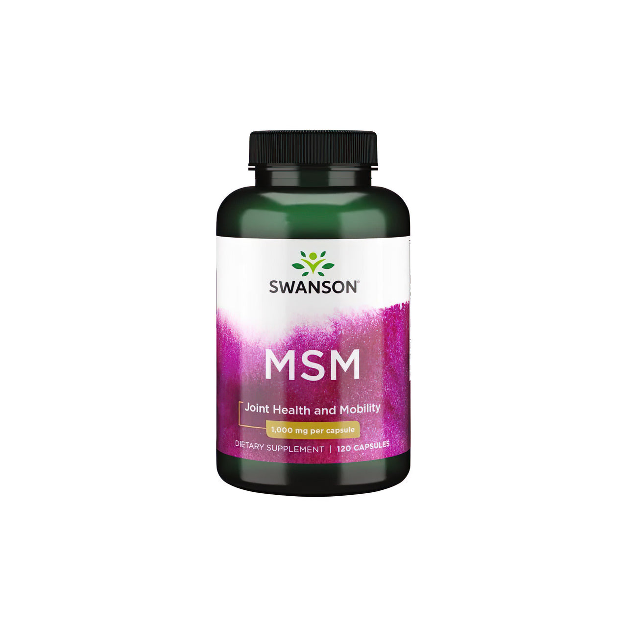 Un frasco de Swanson MSM 1000 mg 120 cáps., formulado específicamente para la salud de las articulaciones y los tejidos conjuntivos, expuesto sobre un limpio fondo blanco.