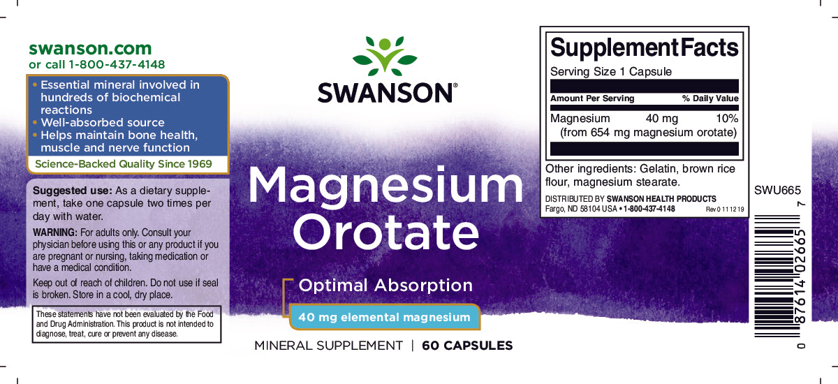 Swanson Oroato de magnesio - 40 mg 60 cápsulas.