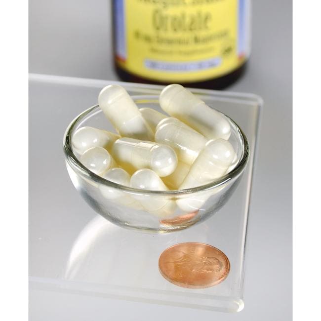Oroato de magnesio - 40 mg 60 cápsulas de Swanson en un cuenco de cristal junto a un penique.