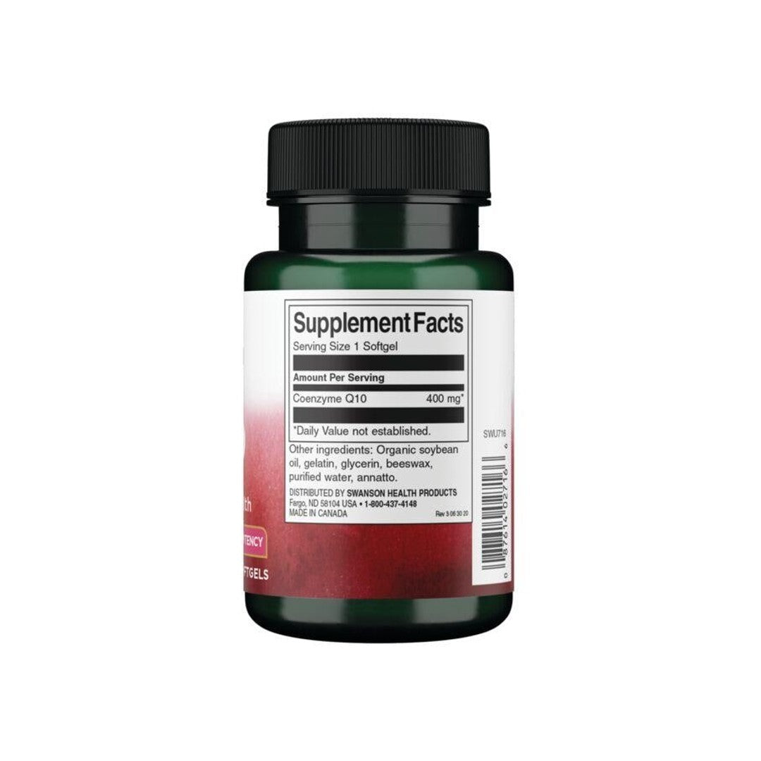Una botella de Swanson Coenzima Q10 - 400 mg 30 softgels suplemento sobre un fondo blanco.