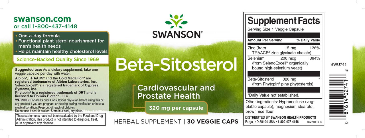 Swanson Beta-Sitosterol - 320 mg 30 cápsulas vegetales suplemento dietético etiqueta.