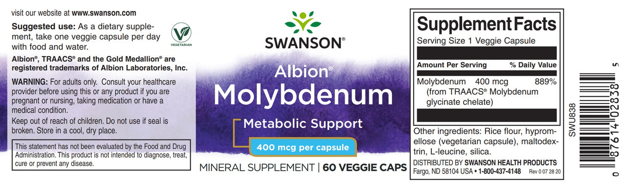 SwansonEtiqueta del suplemento Molibdeno quelado - 400 mcg 60 cápsulas, que favorece el metabolismo y la absorción.