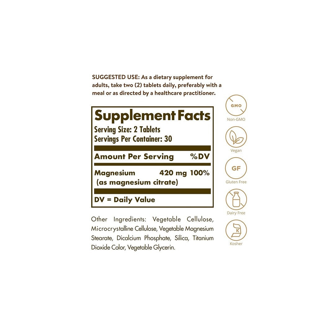 Etiqueta con los ingredientes del suplemento Citrato de magnesio 420 mg 120 comp. de Solgar.
