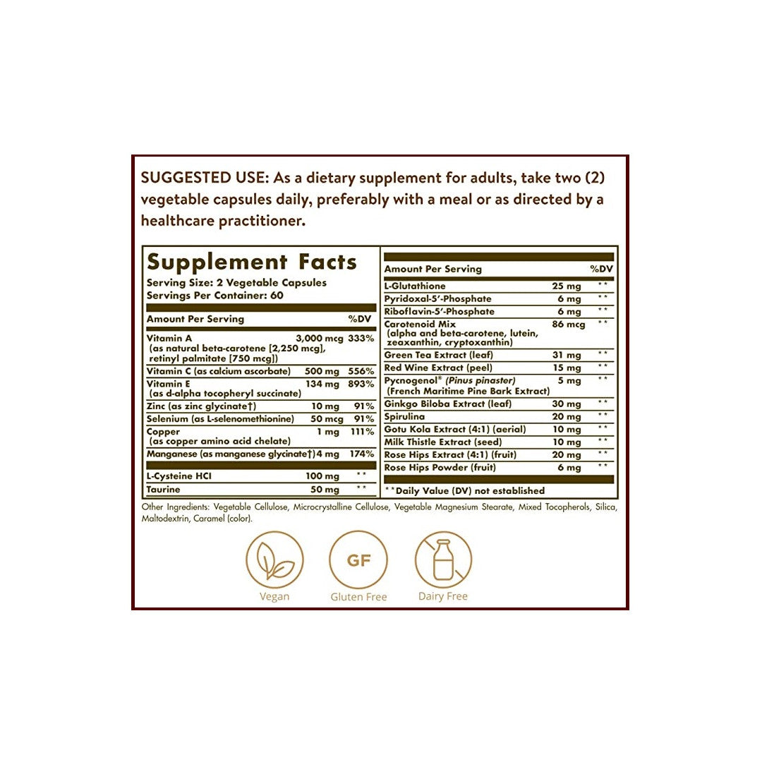 Etiqueta con los ingredientes del suplemento Solgar's Advanced Antioxidant Formula 120 Vegetable Capsules.