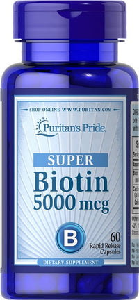 Thumbnail para Puritan's Pride Biotin 5000 mcg 60 Capsules es un suplemento dietético.