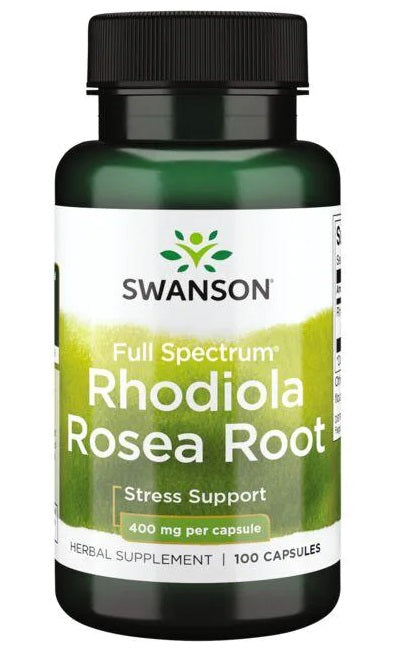 Swanson Raíz de Rhodiola Rosea 400 mg 100 Cápsulas, una hierba adaptógena conocida por reducir el estrés.