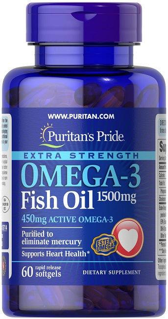 Puritan's Pride Extra Strength Omega-3 Aceite de Pescado 1500 mg (450 mg Omega-3 Activo) 60 Cápsulas Blandas de Liberación Rápida.
